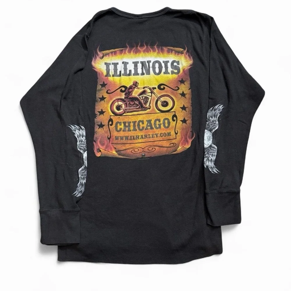 Hot Leather Black Long Sleeve Waffle Knit Thermal Size Large Skull Flames Biker